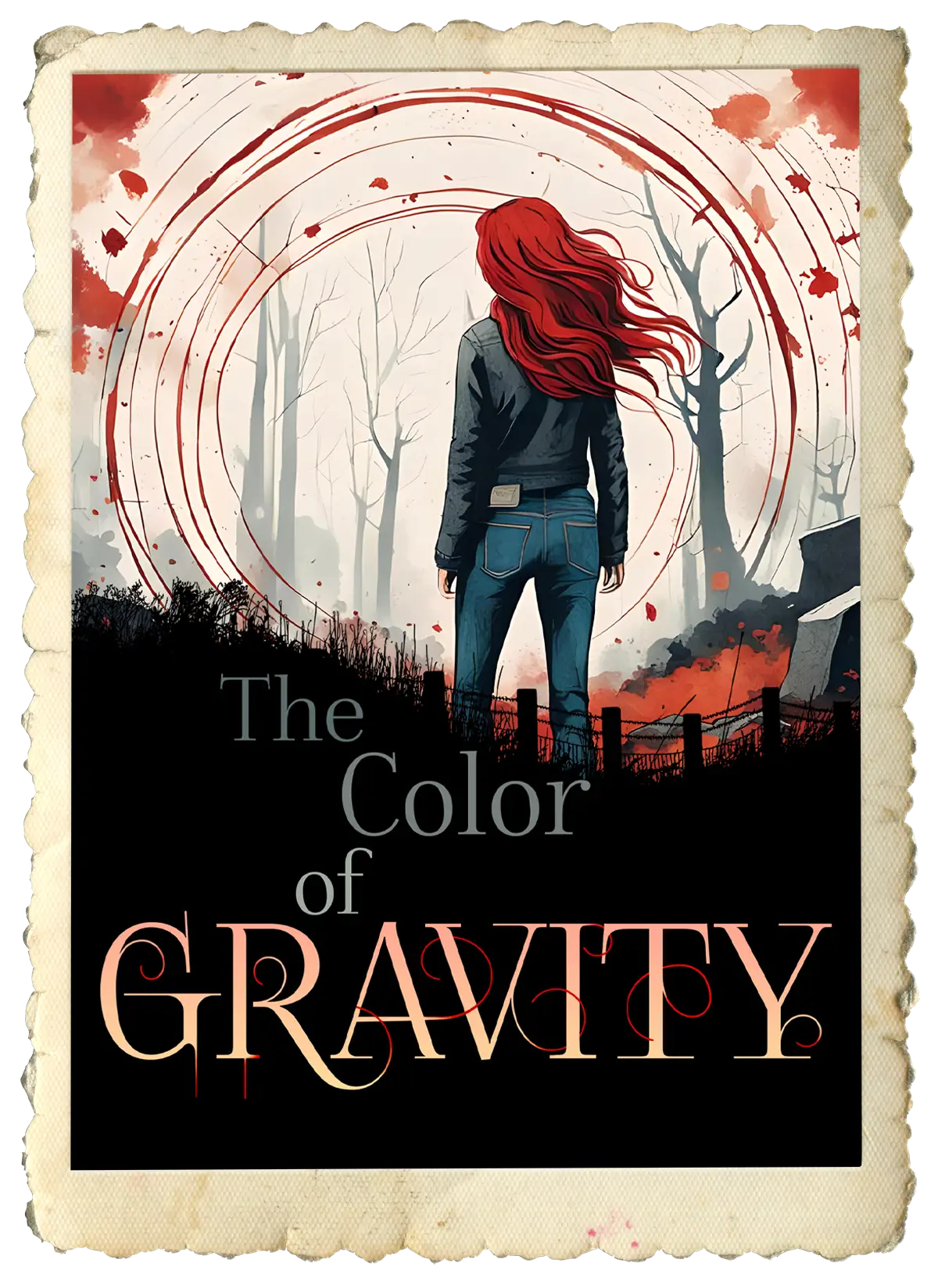 cover illustration of the color of gravity novel, the rear view of a woman with long red hair looking toward a spinning portal that looks crafted from blood