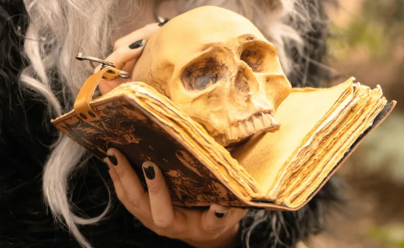 skull between the pages of an open ancient book in the hands of a witch